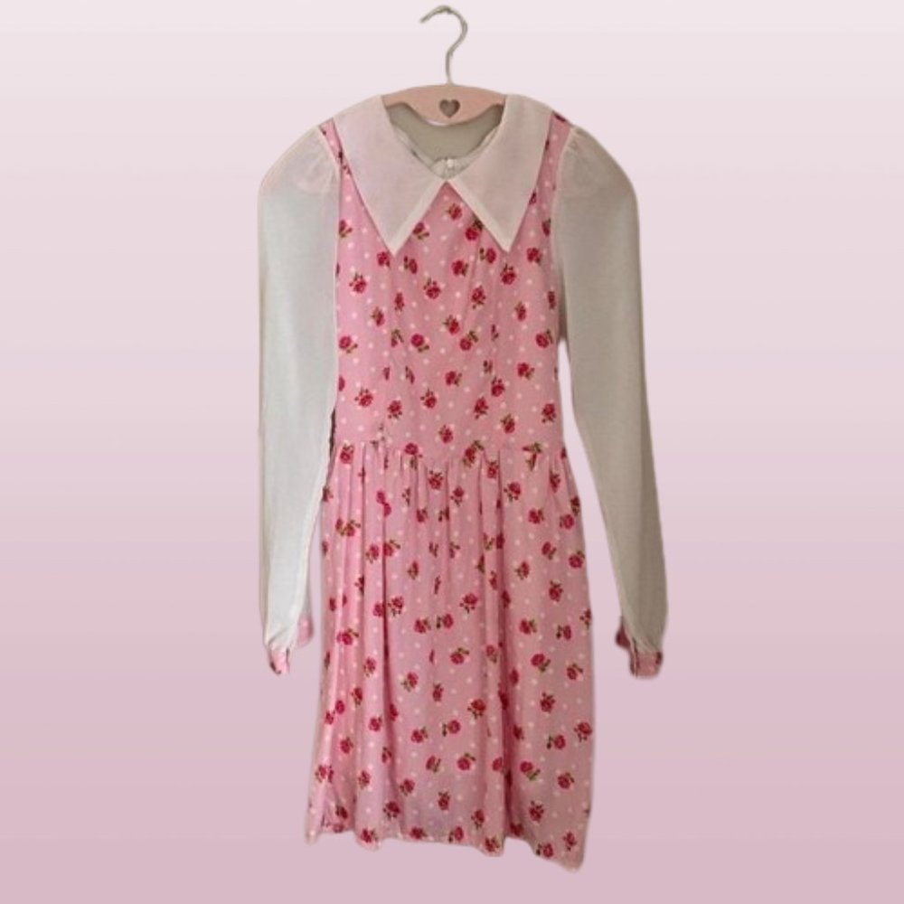 Pink Rose Print Chelsea Collar Long-Sleeved Dress - Polka Dots & Floral